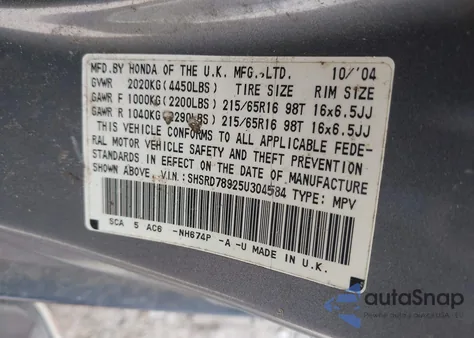 2005 Honda Cr-V Se from USA, damaged, VIN SHSRD78925U304584